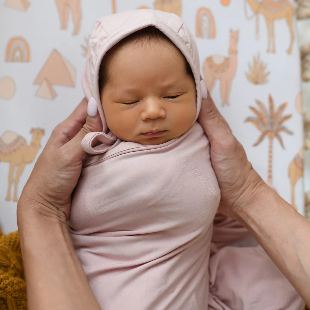 DUSKY ROSE | BAMBOO JERSEY SWADDLE WRAP & BONNET