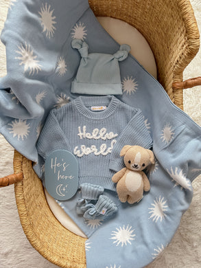 “HELLO WORLD” knitted jumper | Little & Fern| blue