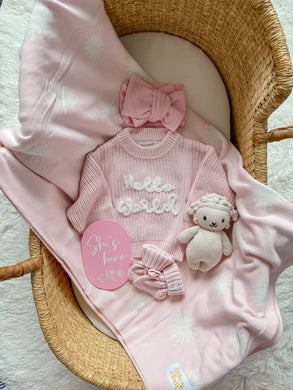 “HELLO WORLD” Knit Jumper | pink | Little & Fern